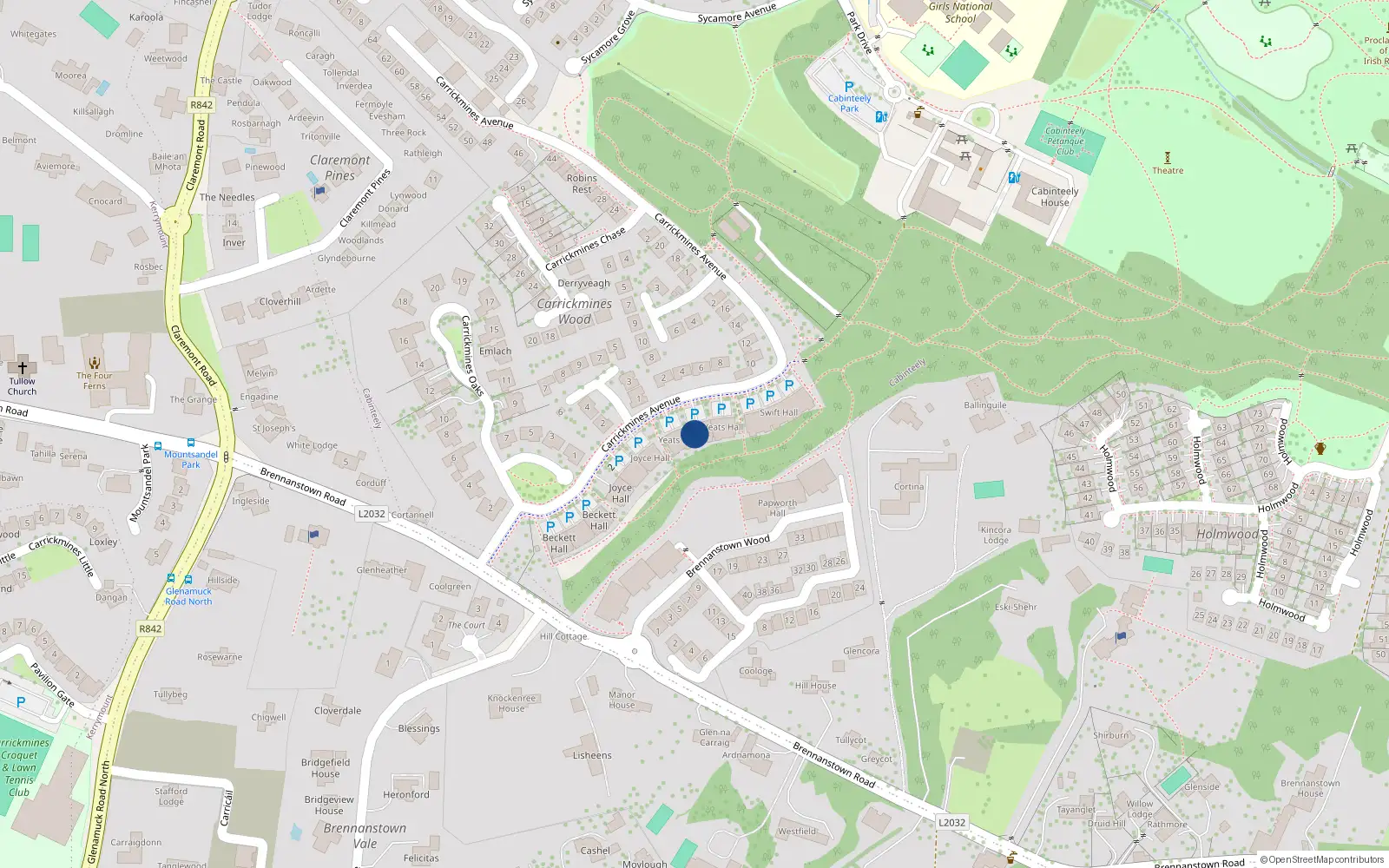 Overhead map showing the location of 10 Yeats Hall, Carrickmines Avenue, Dublin 18