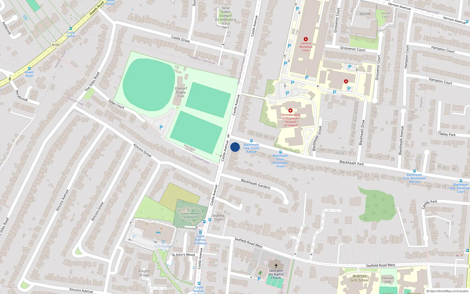 Overhead map showing the location of 100 Castle Avenue, Clontarf, Dublin 3