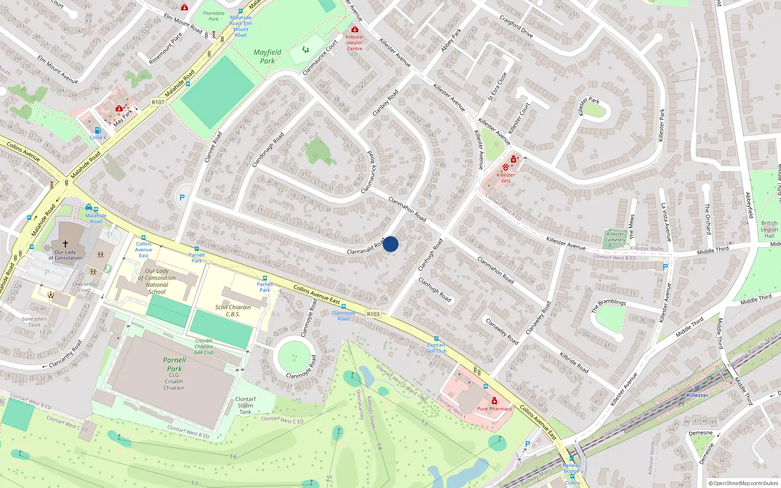 Overhead map showing the location of 100 Clanranald Road, Donnycarney Dublin 5, Dublin 5