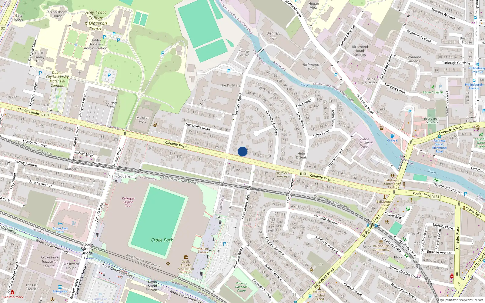 Overhead map showing the location of 100 Clonliffe Road, Drumcondra, Dublin 3
