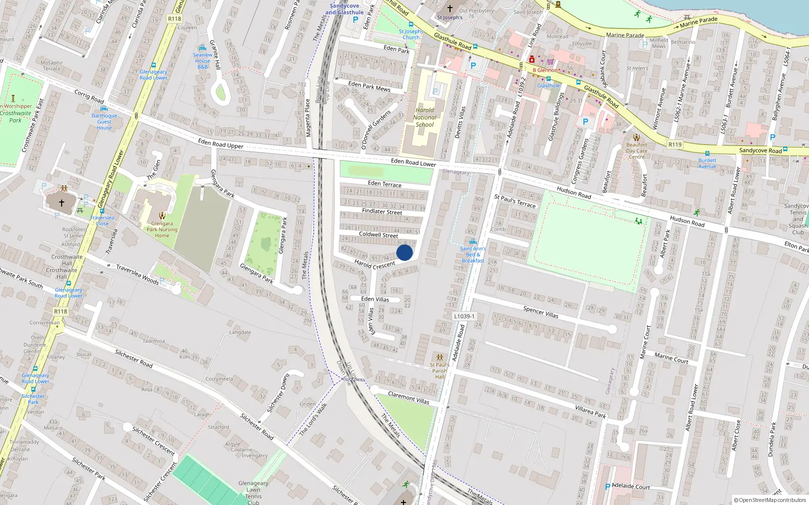 Overhead map showing the location of 100 Eden Villas, Glasthule, Glenageary