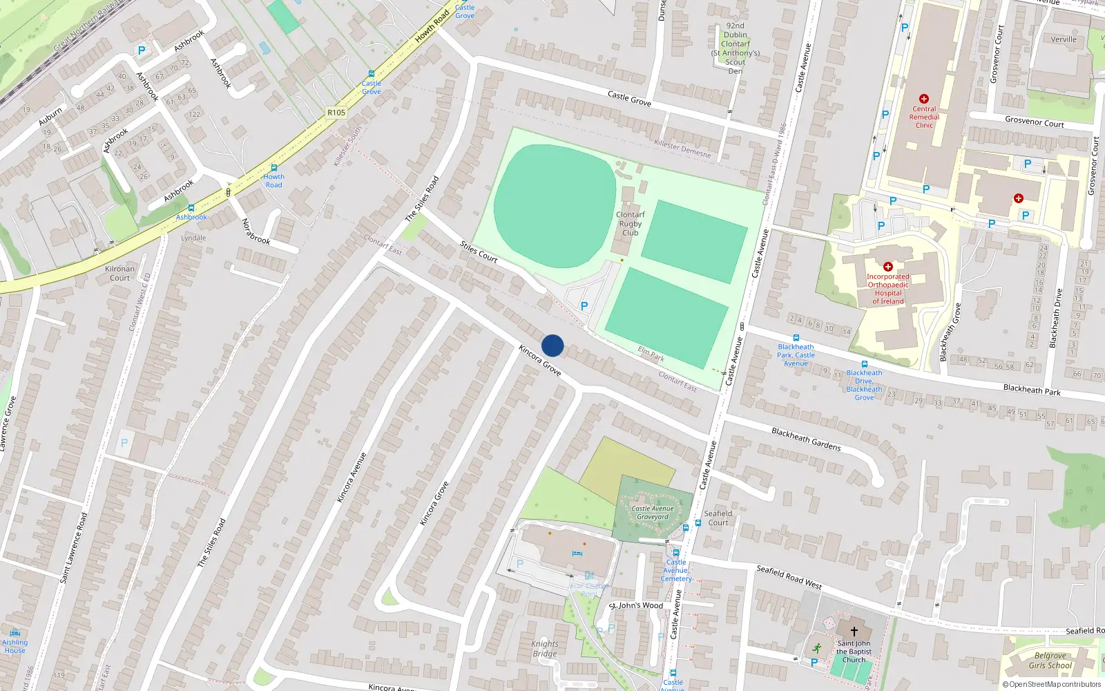 Overhead map showing the location of 100 Kincora Grove, Clontarf, Dublin 3
