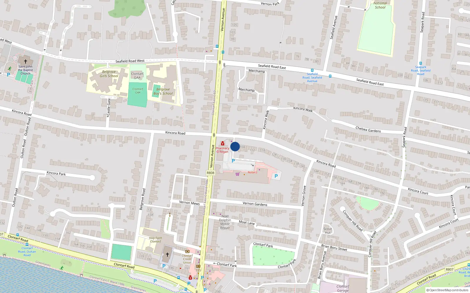 Overhead map showing the location of 100 Kincora Road, Clontarf, Dublin 3