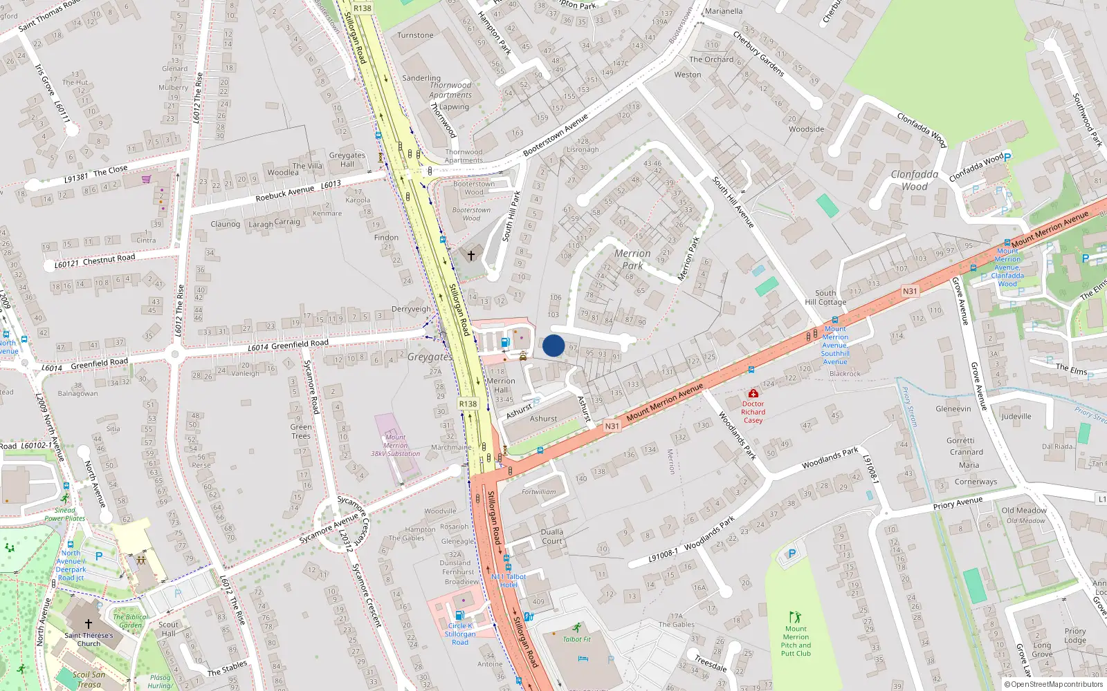 Overhead map showing the location of 100 Merrion Park, Blackrock, Dublin