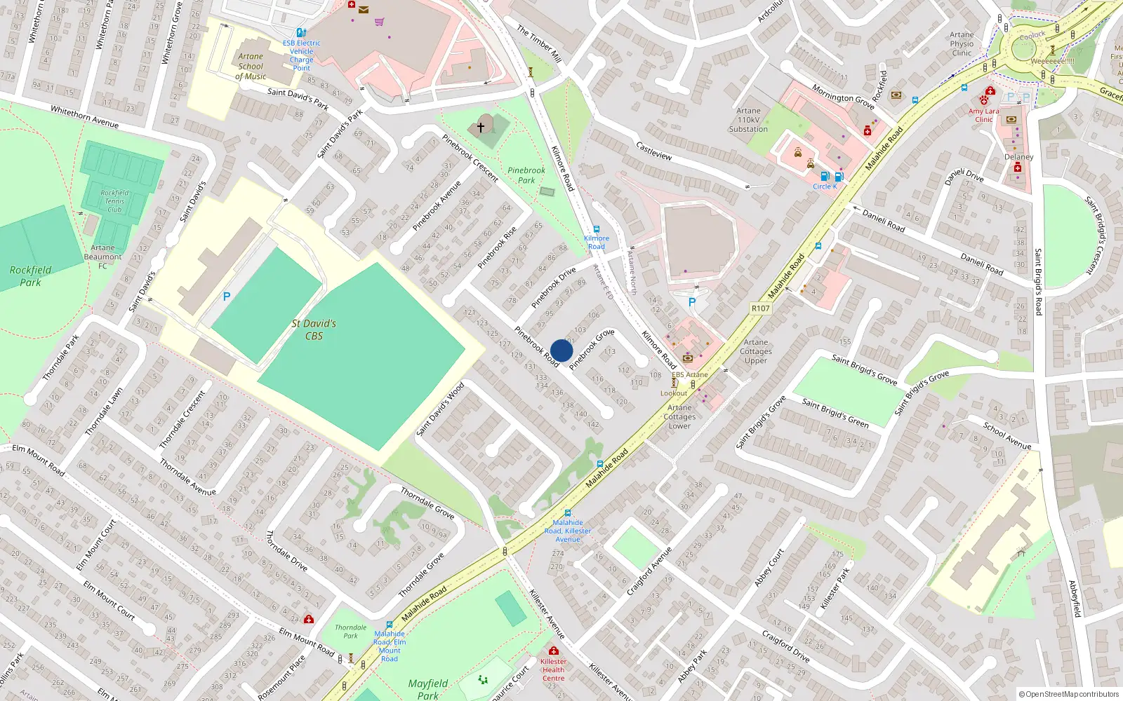Overhead map showing the location of 100 Pinebrook Grove, Dublin 5