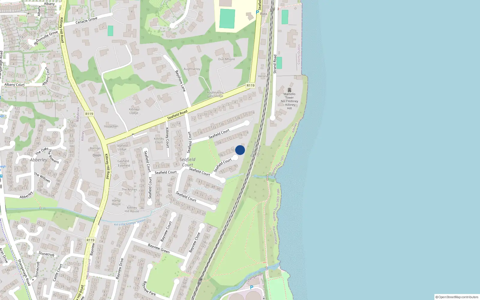 Overhead map showing the location of 100 Seafield Court, Killiney