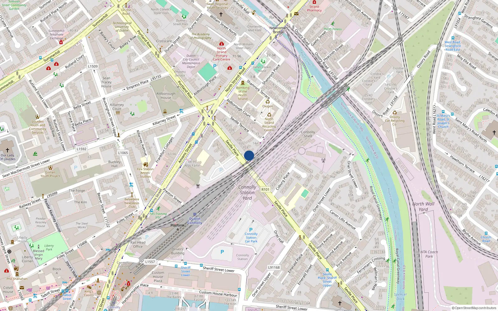Overhead map showing the location of 100 Seville Place, Dublin 1
