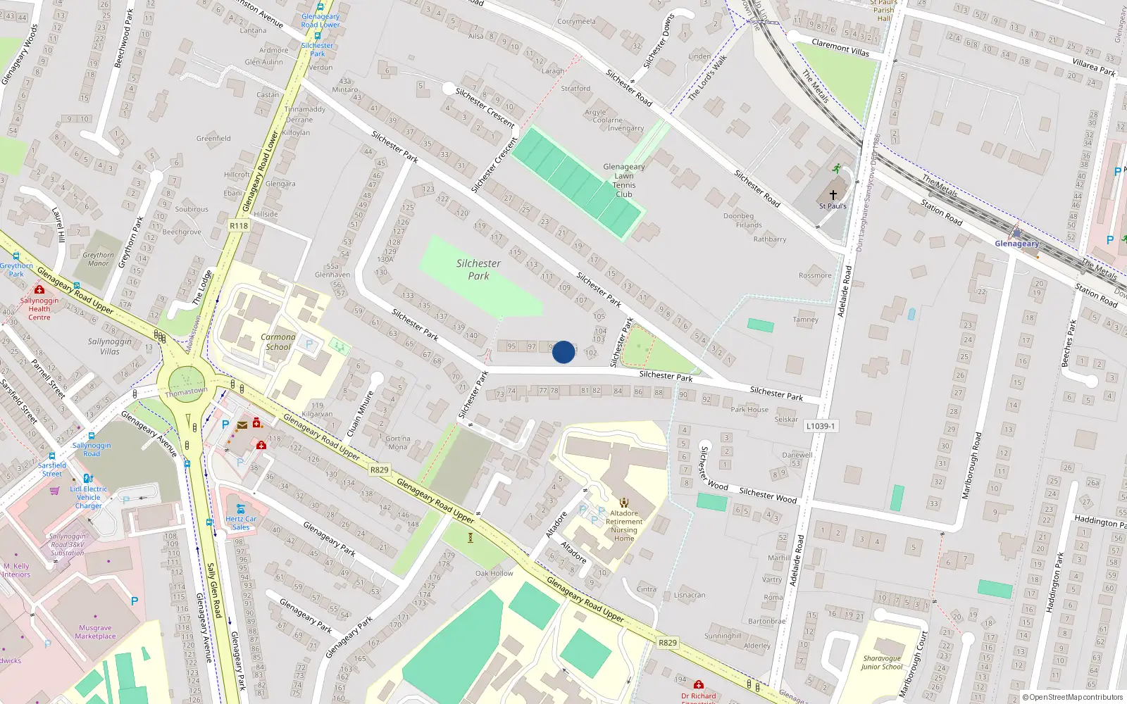 Overhead map showing the location of 100 Silchester Park, Glenageary, Dublin