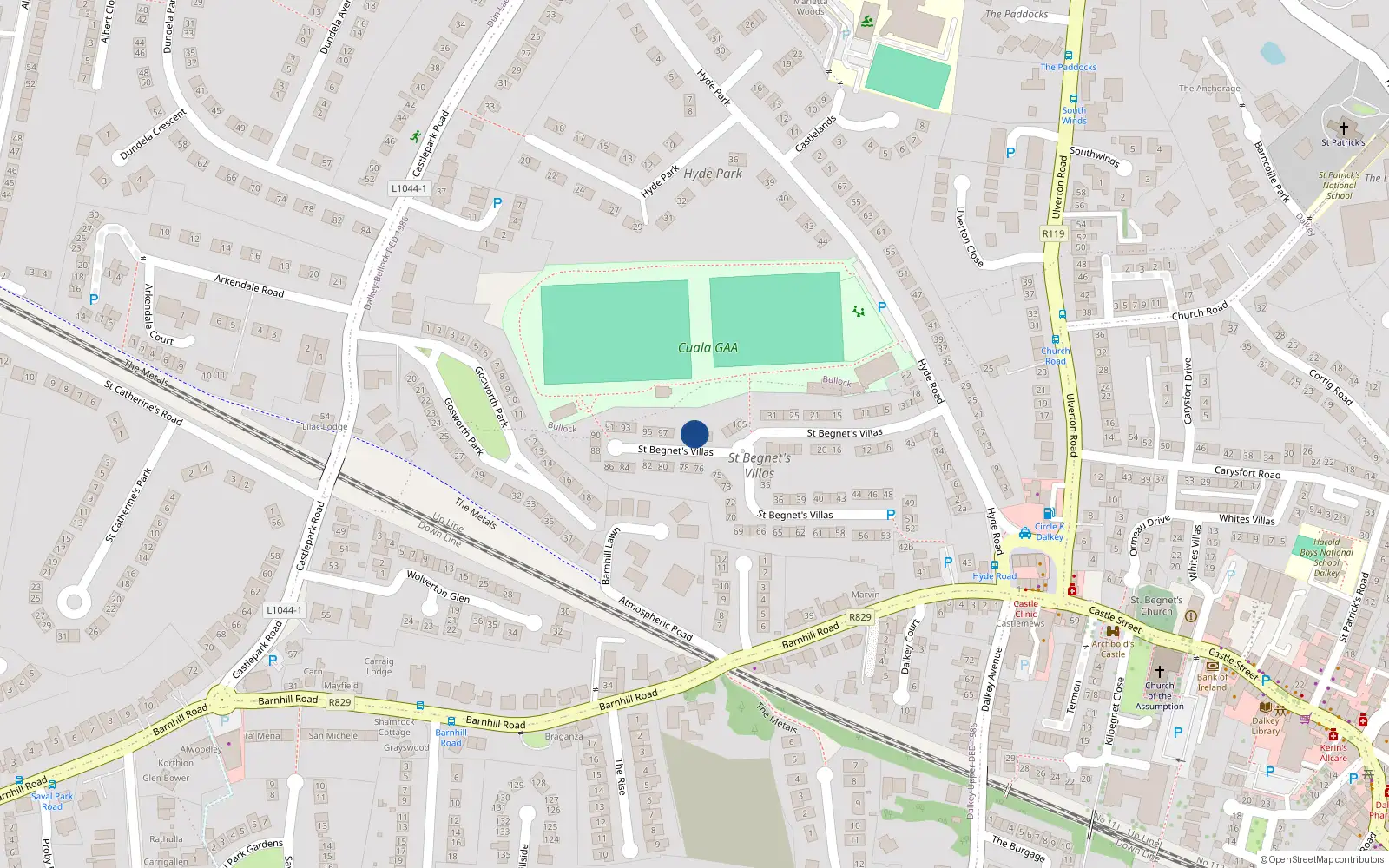 Overhead map showing the location of 100 St Begnets Villas, Dalkey, Co Dublin