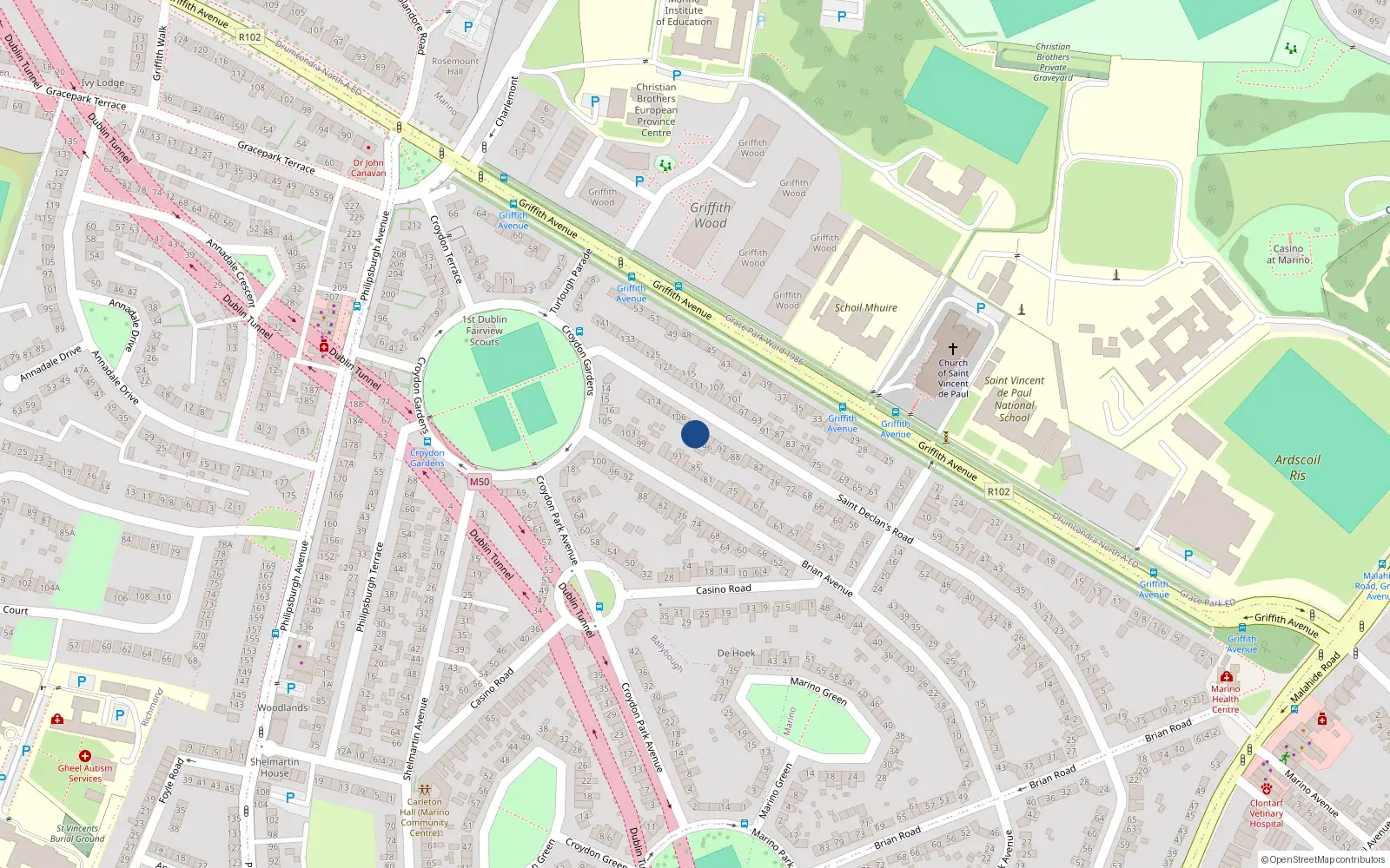 Overhead map showing the location of 100 St Declan's Road, Marino, Dublin 3