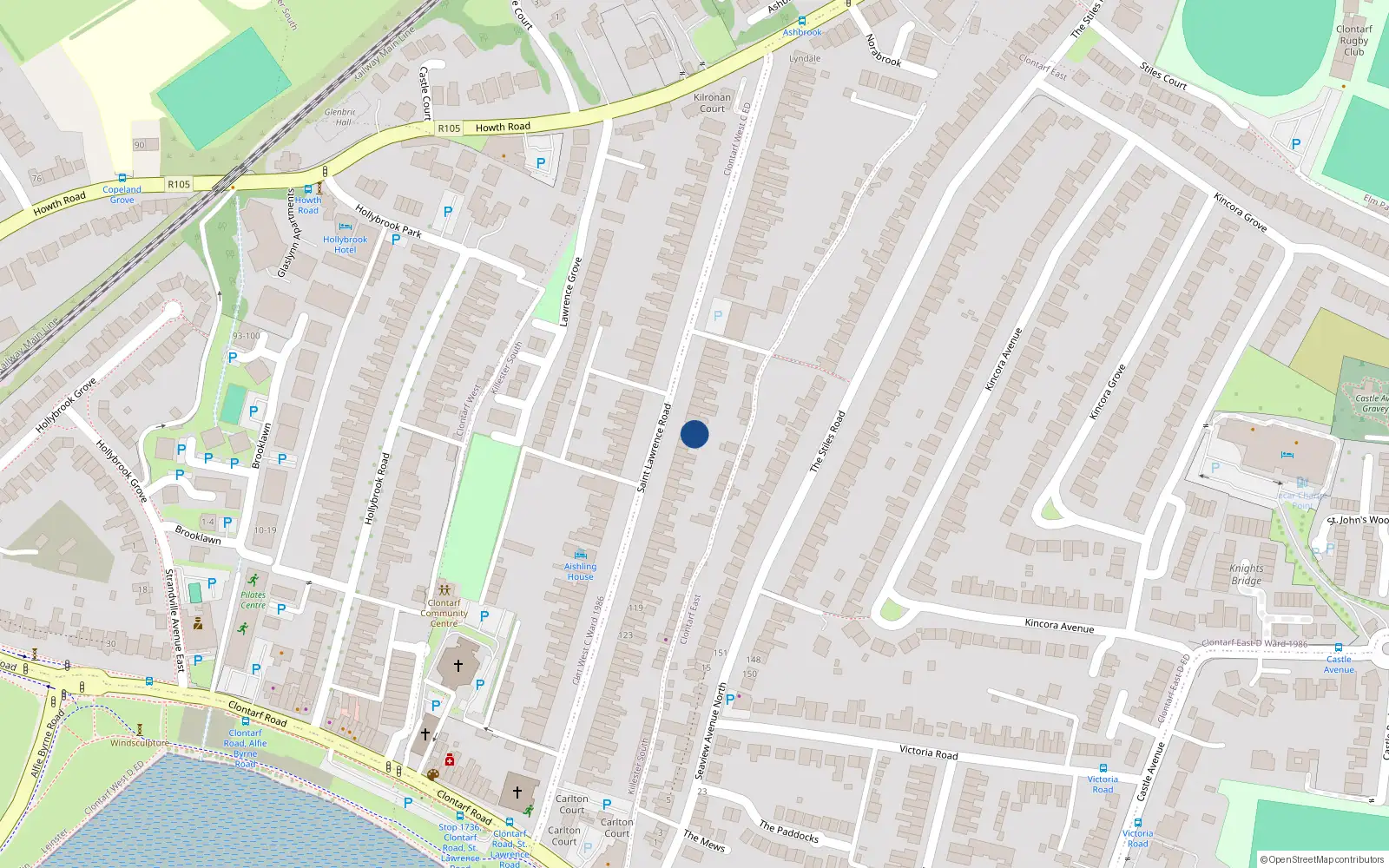 Overhead map showing the location of 100 St Lawrence Road, Clontarf, Dublin 3