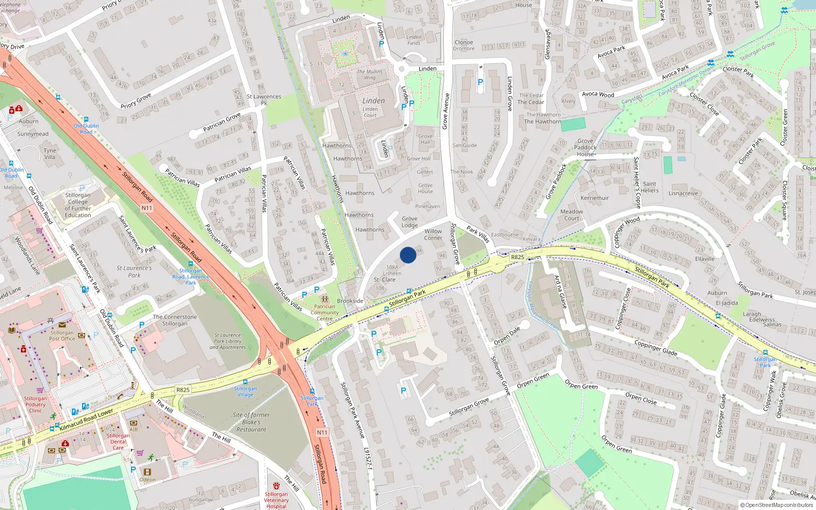 Overhead map showing the location of 100 Stillorgan Grove, Blackrock, Dublin