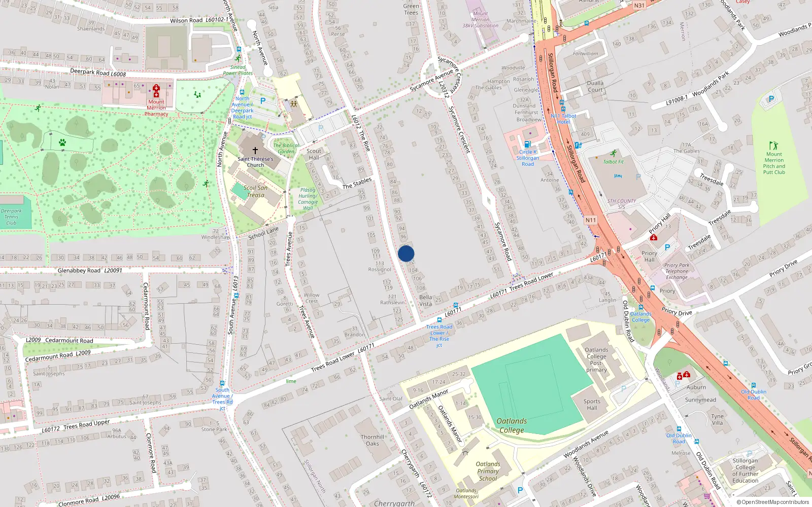 Overhead map showing the location of 100 the Rise, Mount Merrion, Co Dublin