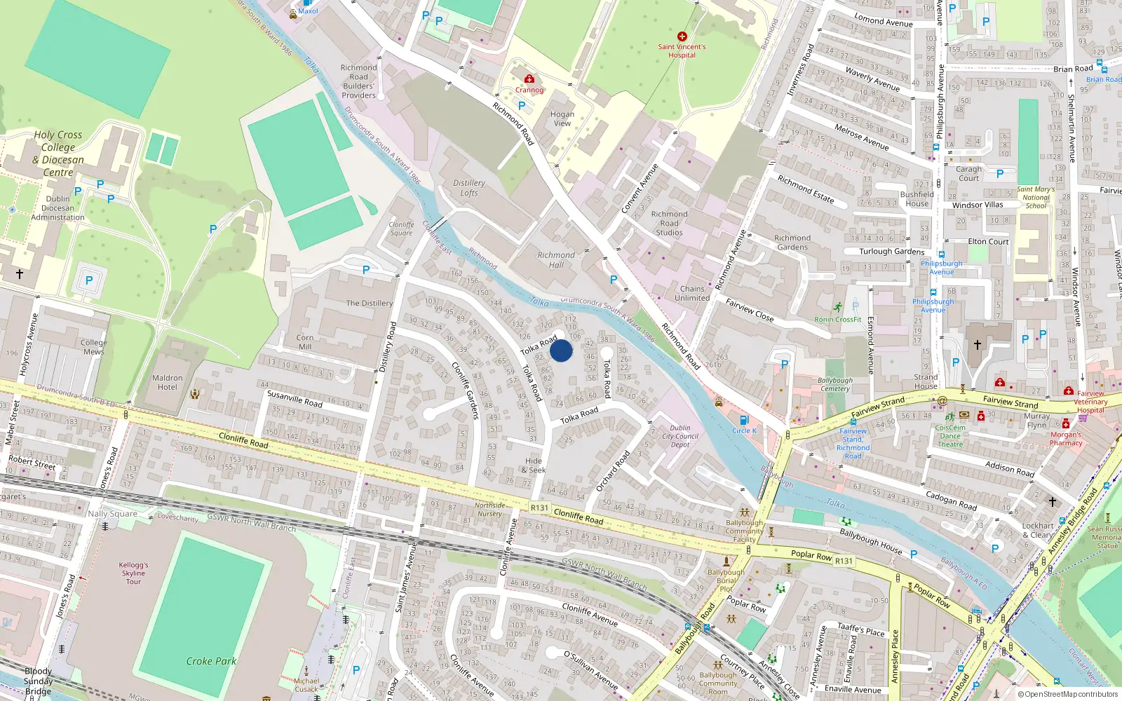 Overhead map showing the location of 100 Tolka Road, Dublin 3