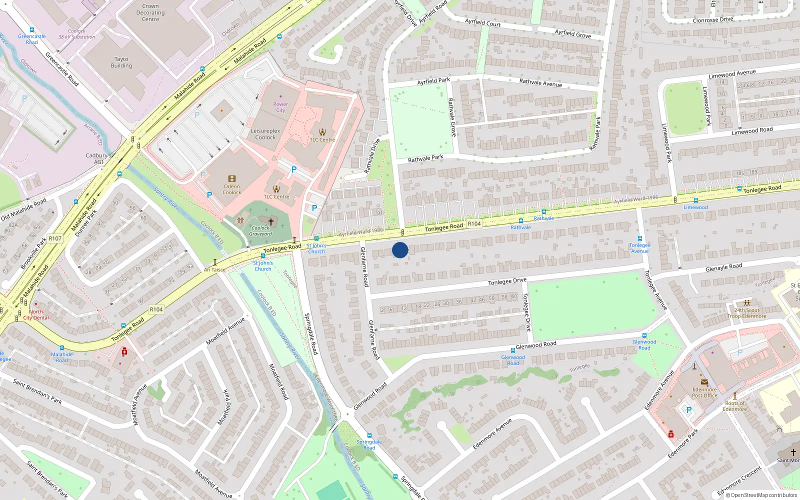 Overhead map showing the location of 100 Tonlegee Road, Dublin 5