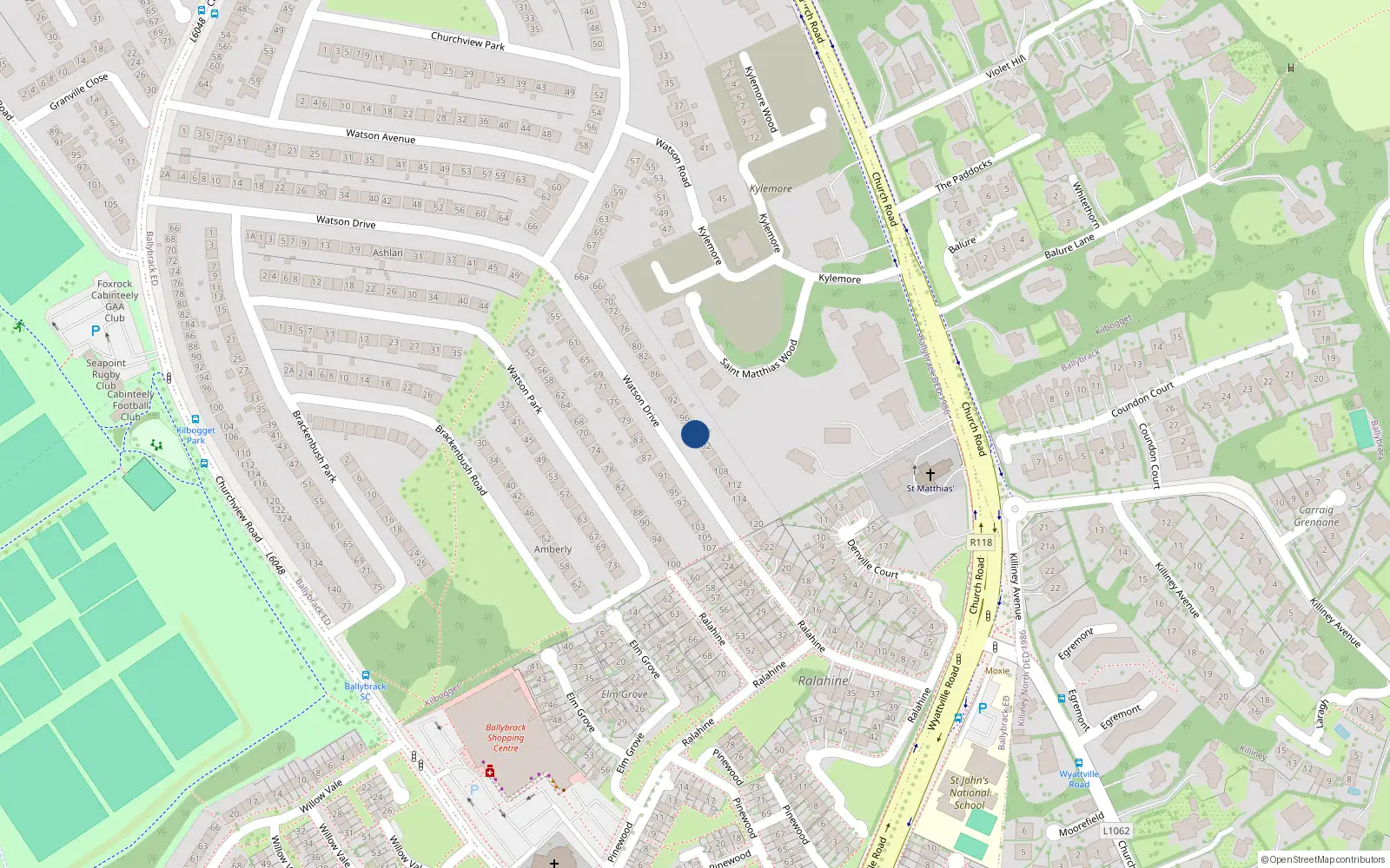 Overhead map showing the location of 100 Watson Drive, Killiney, Dublin