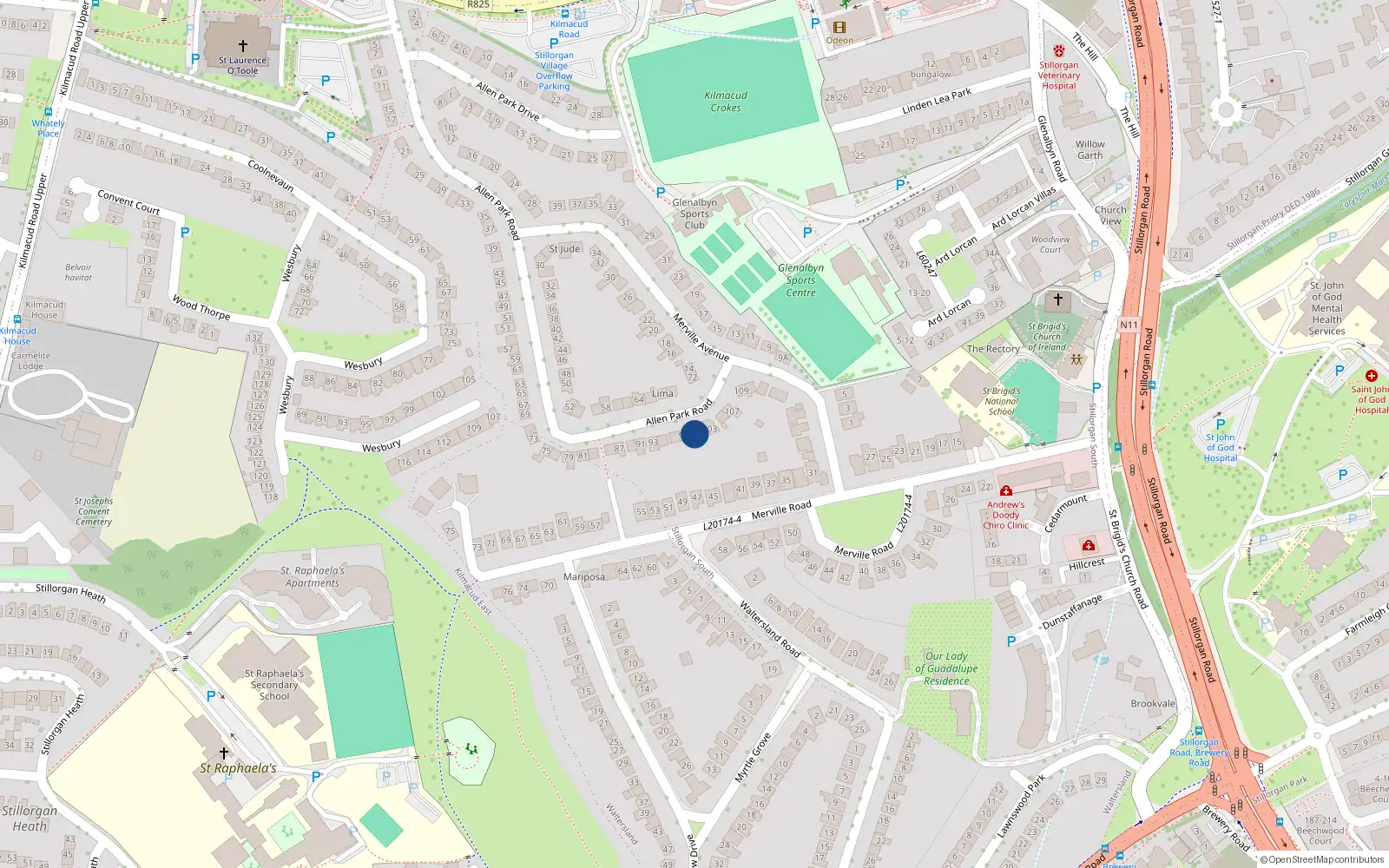 Overhead map showing the location of 101 Allen Park Road, Stillorgan, Dublin