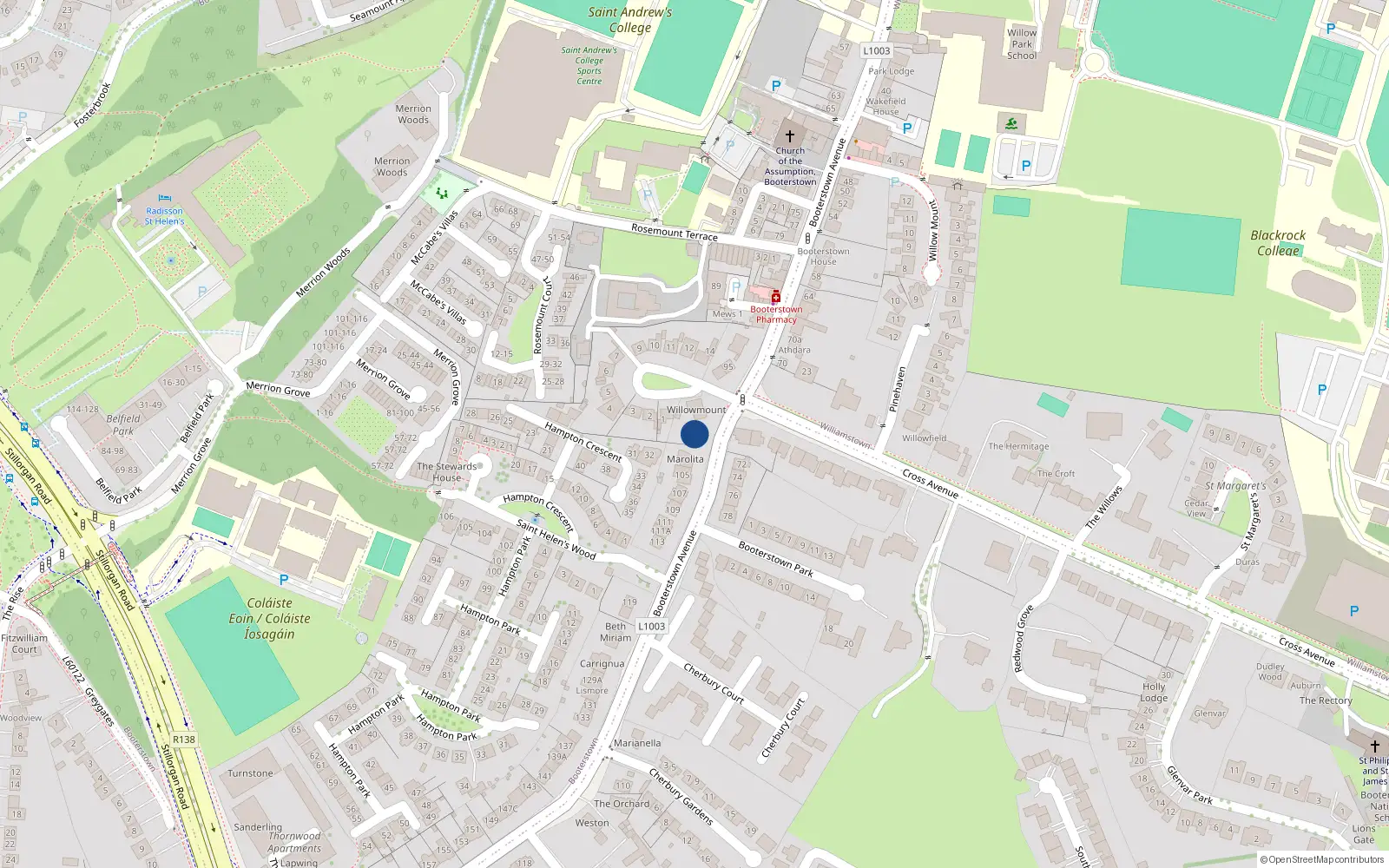 Overhead map showing the location of 101 Booterstown Avenue, Booterstown