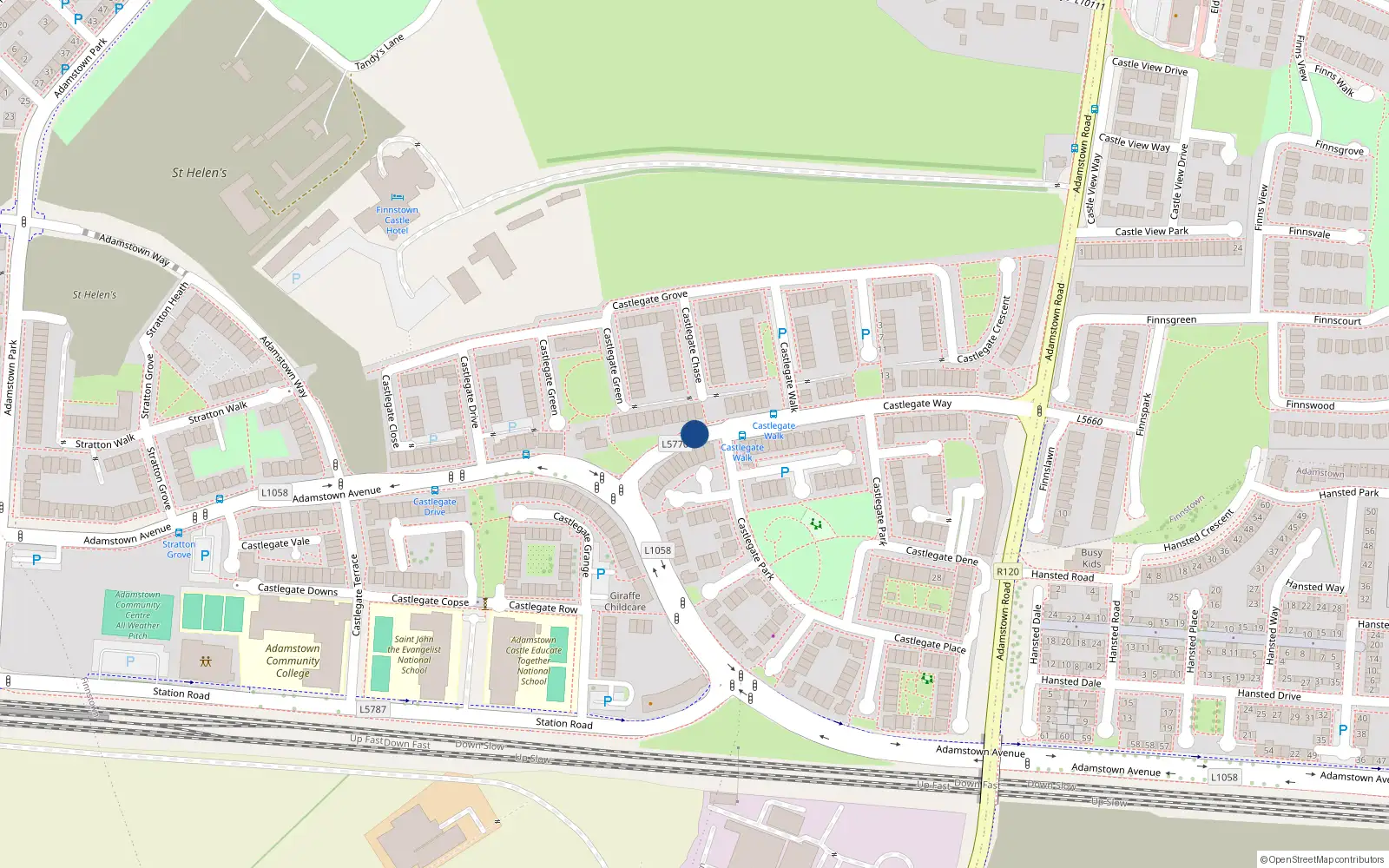 Overhead map showing the location of 101 Castlegate Way, Lucan
