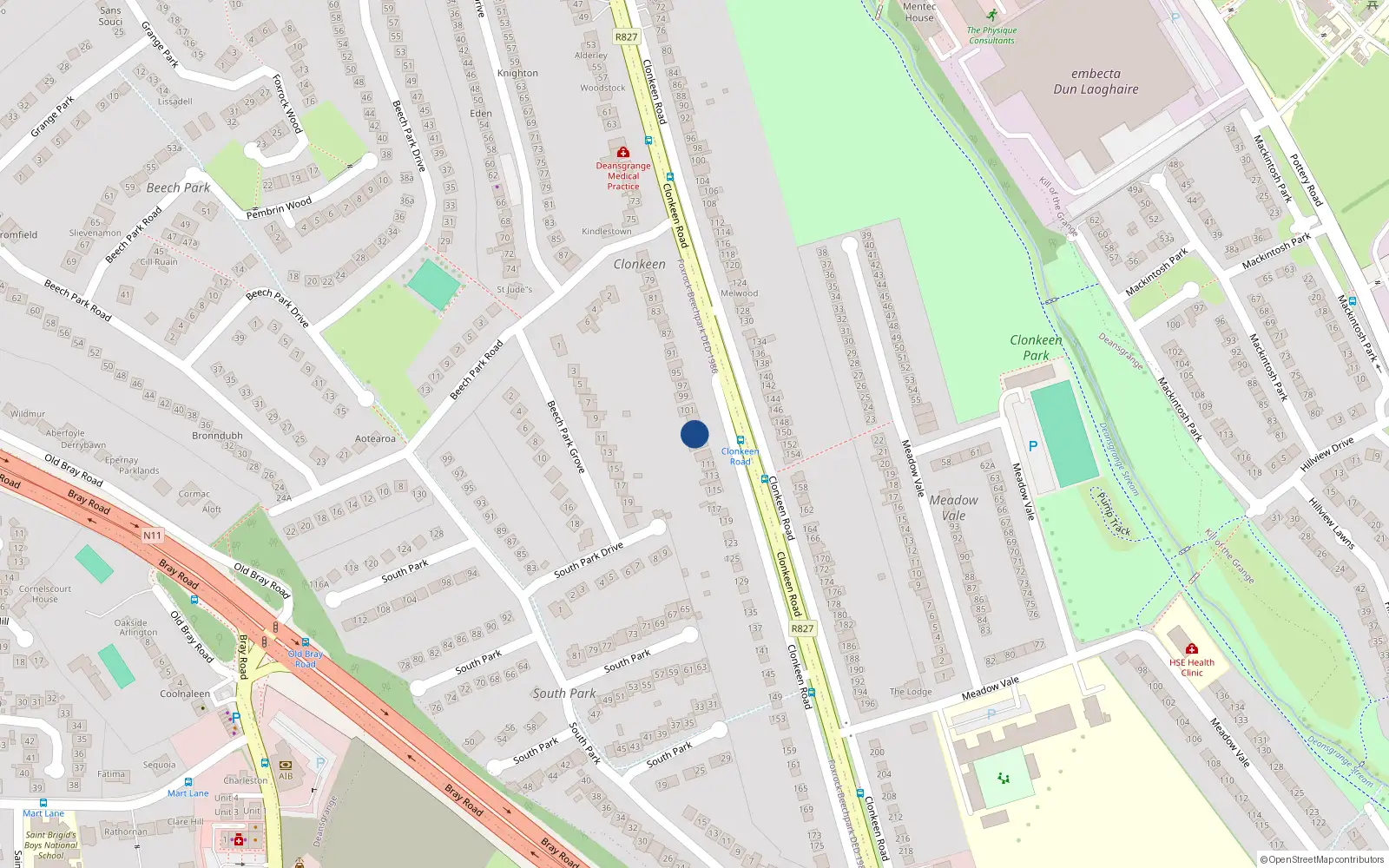 Overhead map showing the location of 101 Clonkeen Road, Deans Grange, Blackrock