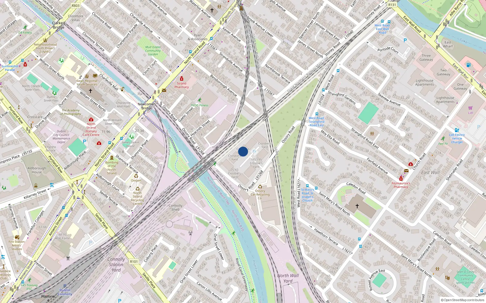 Overhead map showing the location of 101 Crosbies Yard, Ossory Road, Dublin 3