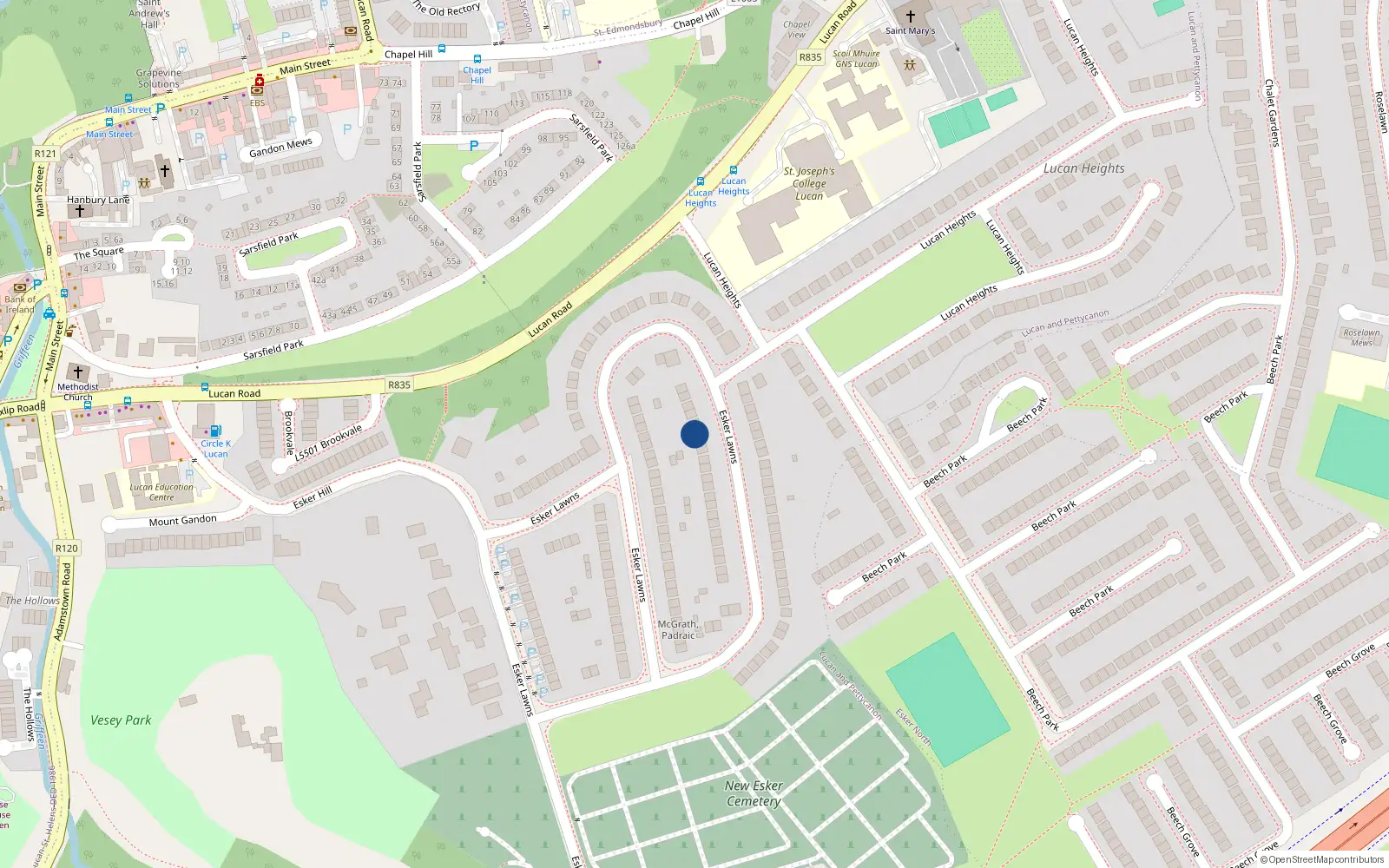 Overhead map showing the location of 101 Esker Lawns, Lucan, Dublin