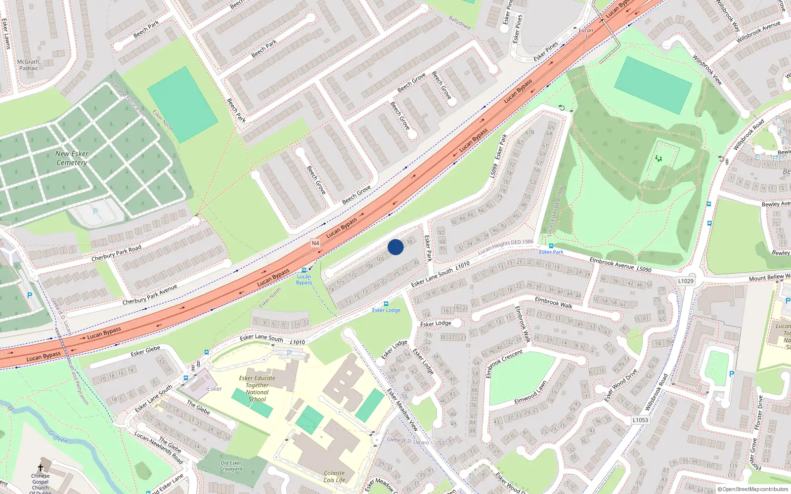 Overhead map showing the location of 101 Esker Park, Lucan, Dublin