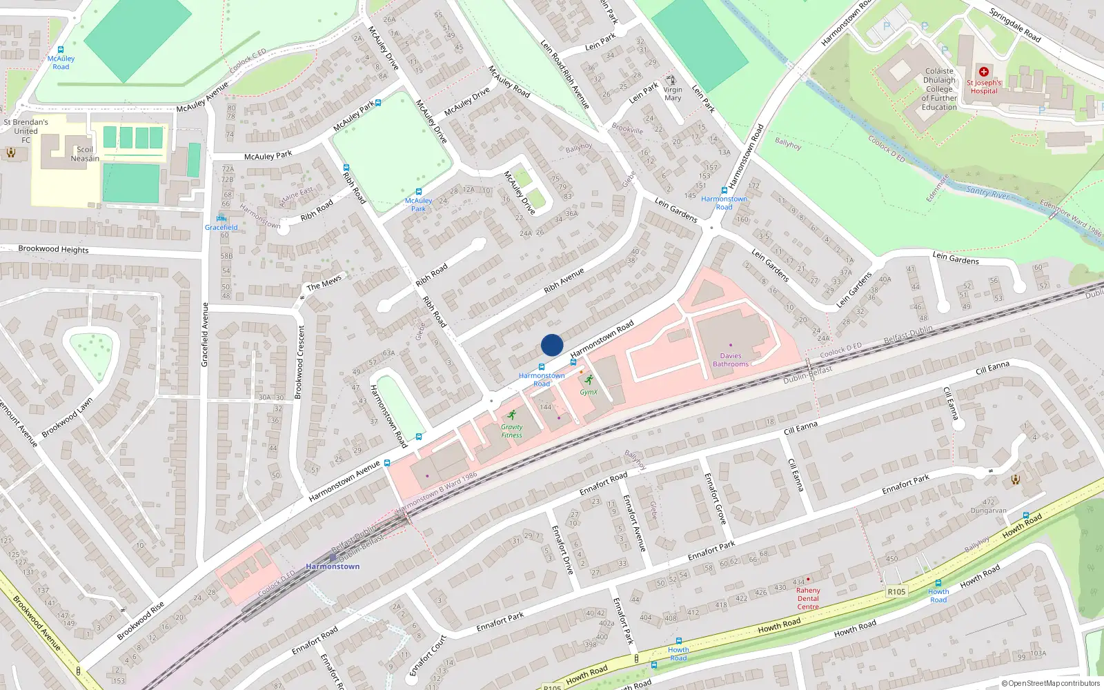 Overhead map showing the location of 101 Harmonstown Road, Artane, Dublin 5