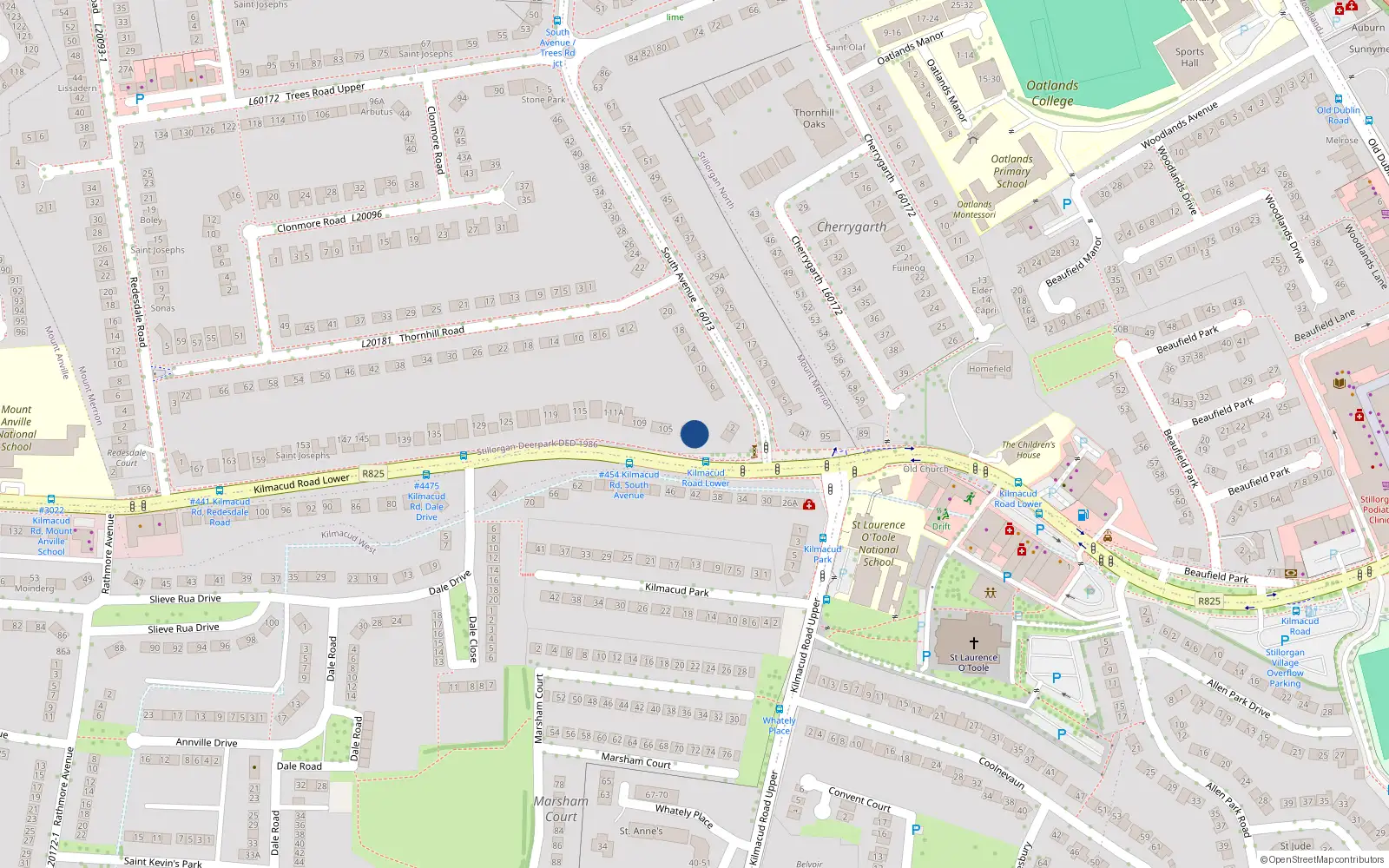 Overhead map showing the location of 101 Lower Kilmacud Road, Stillorgan, Co Dublin