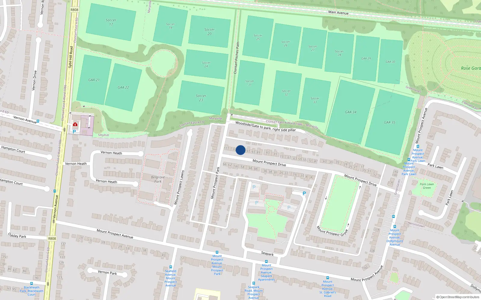 Overhead map showing the location of 101 Mount Prospect Drive, Dublin 3