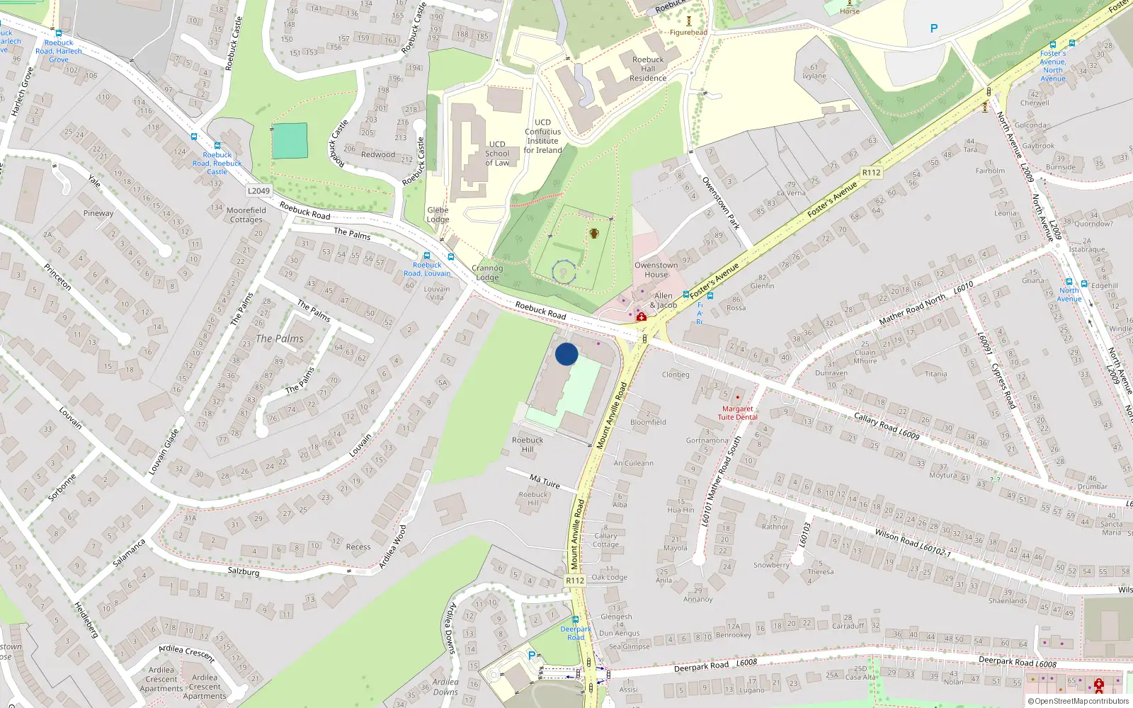 Overhead map showing the location of 14 Roebuck Road, Mount Merrion