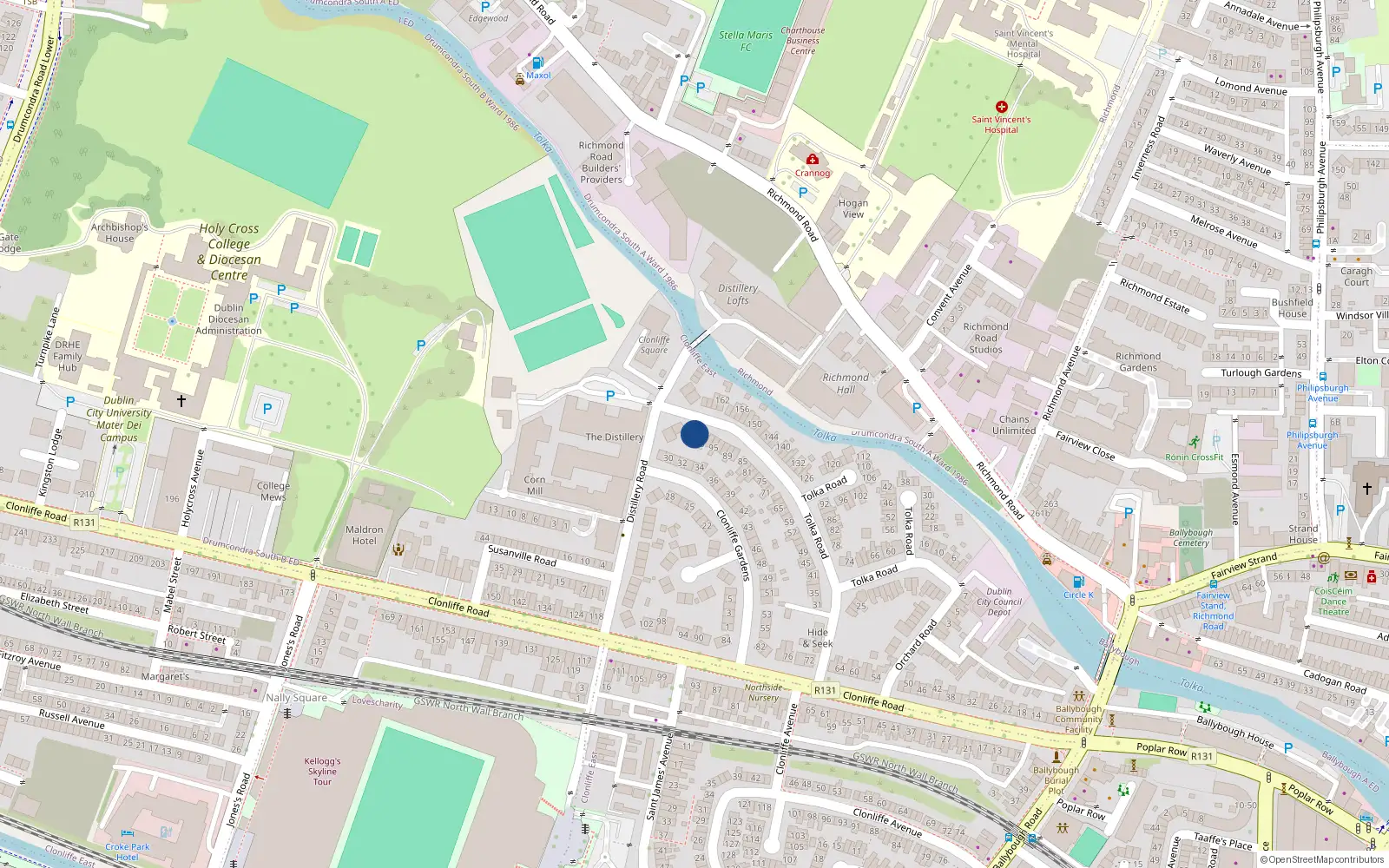 Overhead map showing the location of 101 Tolka Road, Dublin