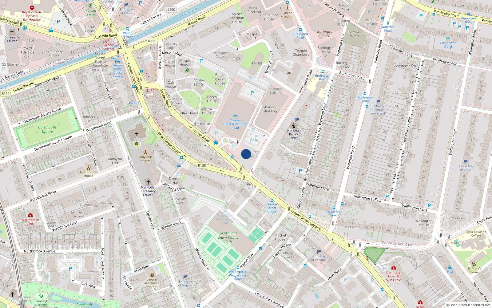Overhead map showing the location of 101 Leeson Street Upper, Dublin