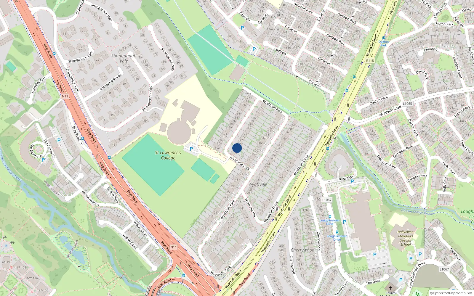 Overhead map showing the location of 101 Wyattville Park, Killiney