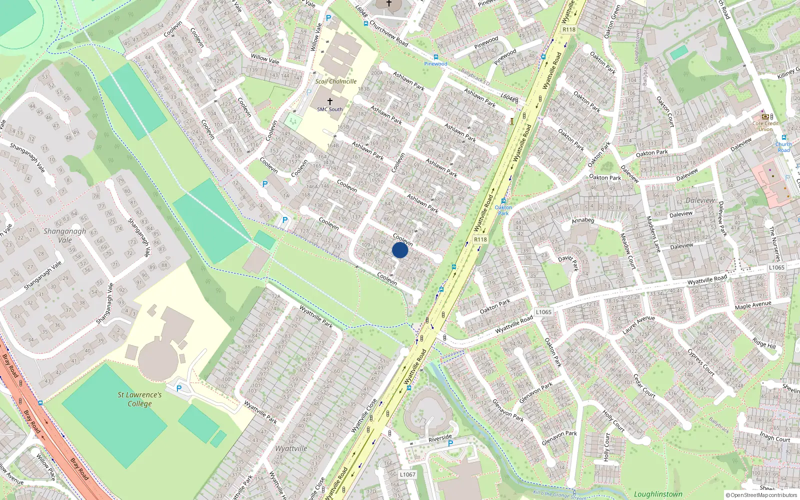 Overhead map showing the location of 102 Ashlawn Park, Dublin