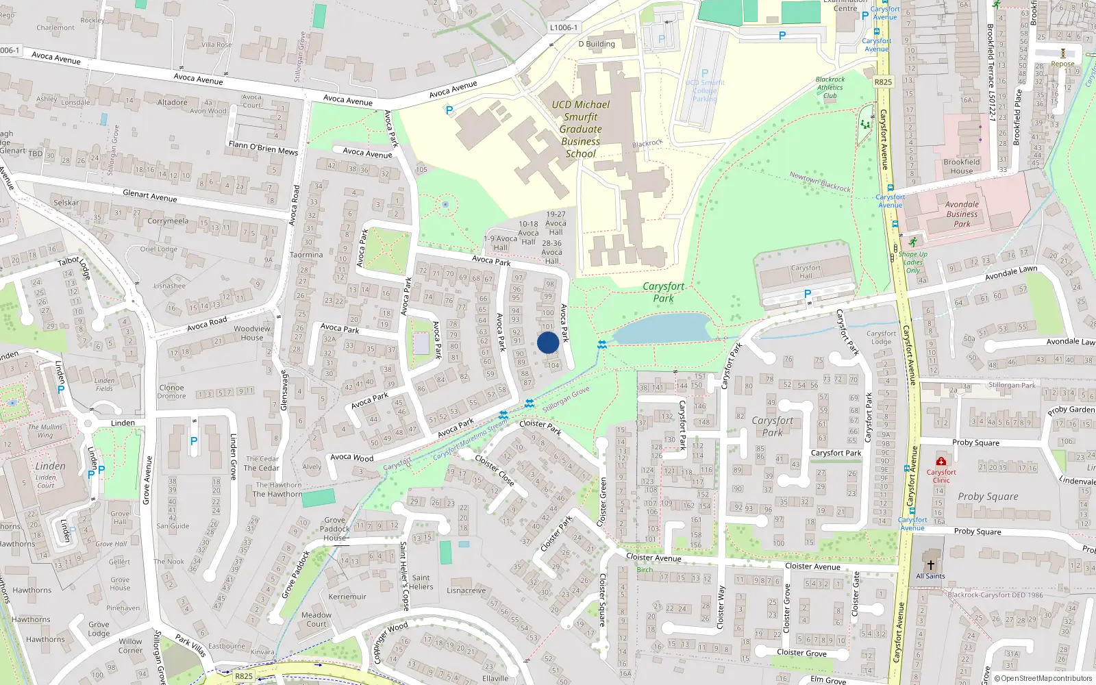 Overhead map showing the location of 102 Avoca Park, Blackrock, Dublin