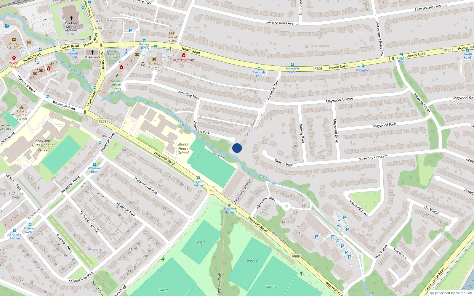 Overhead map showing the location of 102 Avondale Park, Raheny, Dublin 5