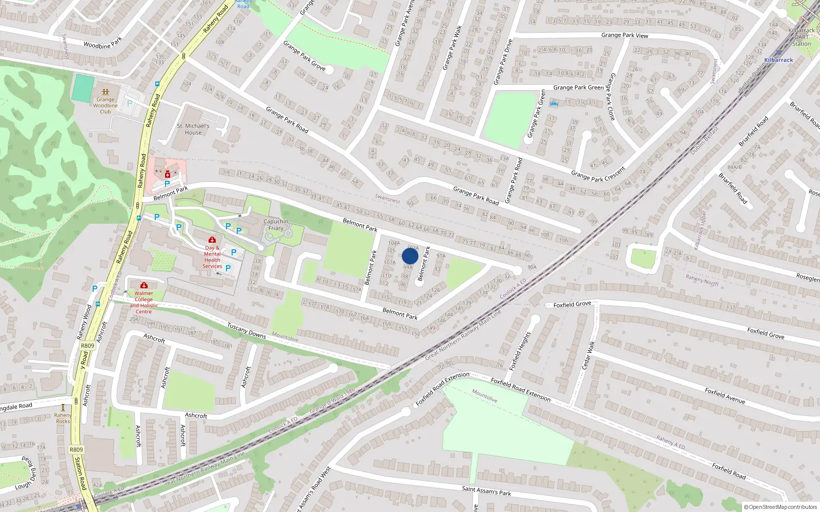 Overhead map showing the location of 102 Belmont Park, Dublin 5