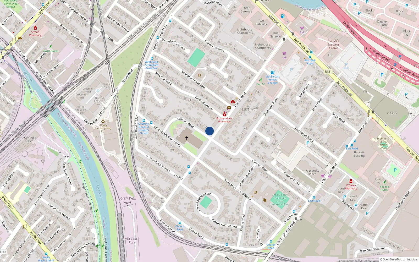 Overhead map showing the location of 102 Caledon Road, East Wall, Dublin 3