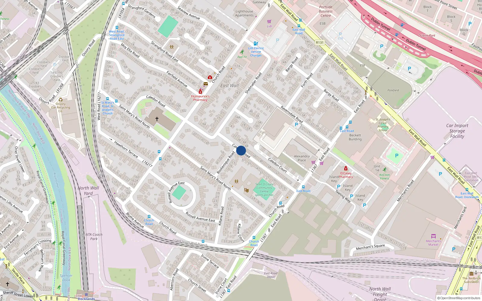 Overhead map showing the location of 102 Caledon Road, East Wall