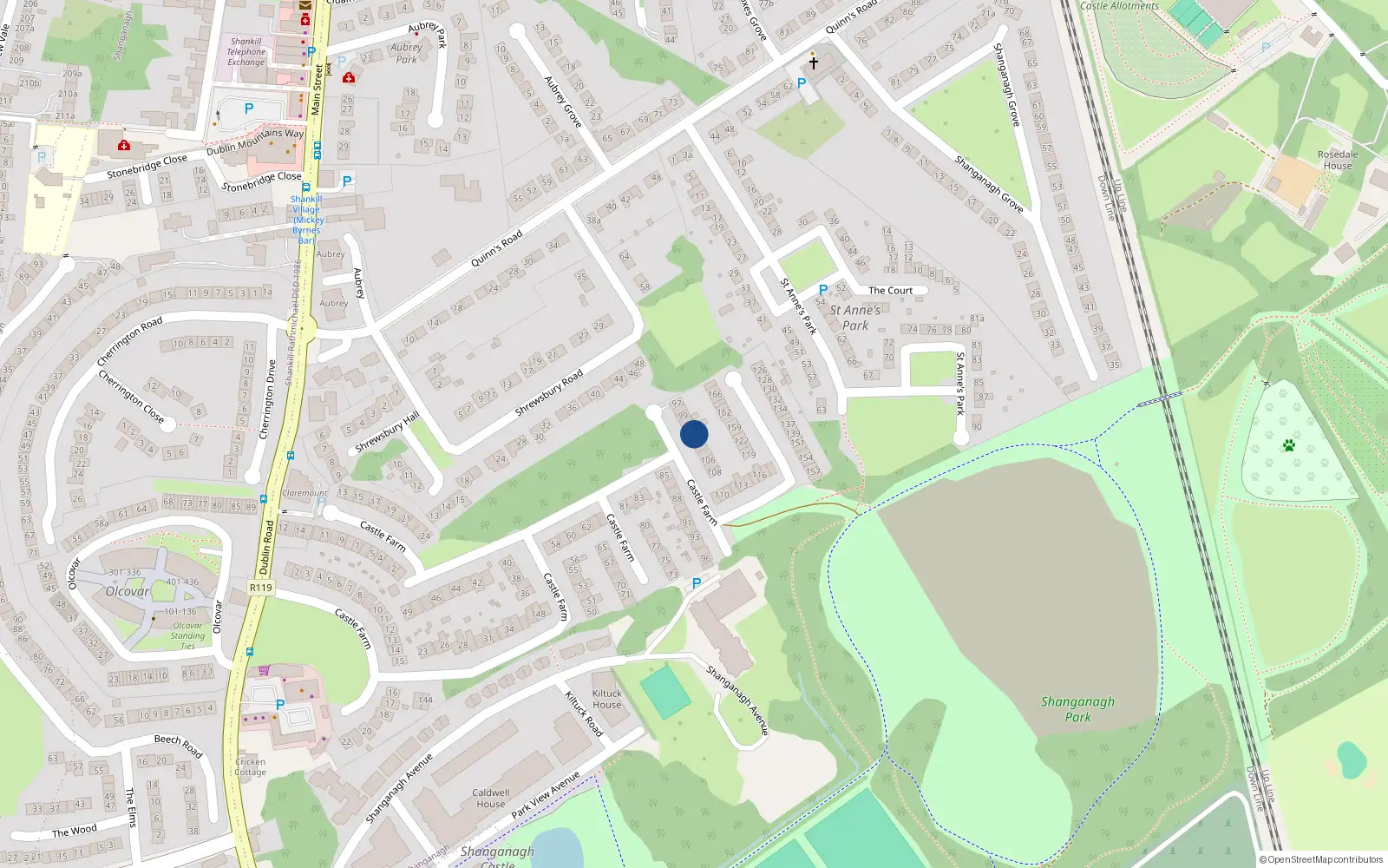 Overhead map showing the location of 102 Castle Farm, Shankill