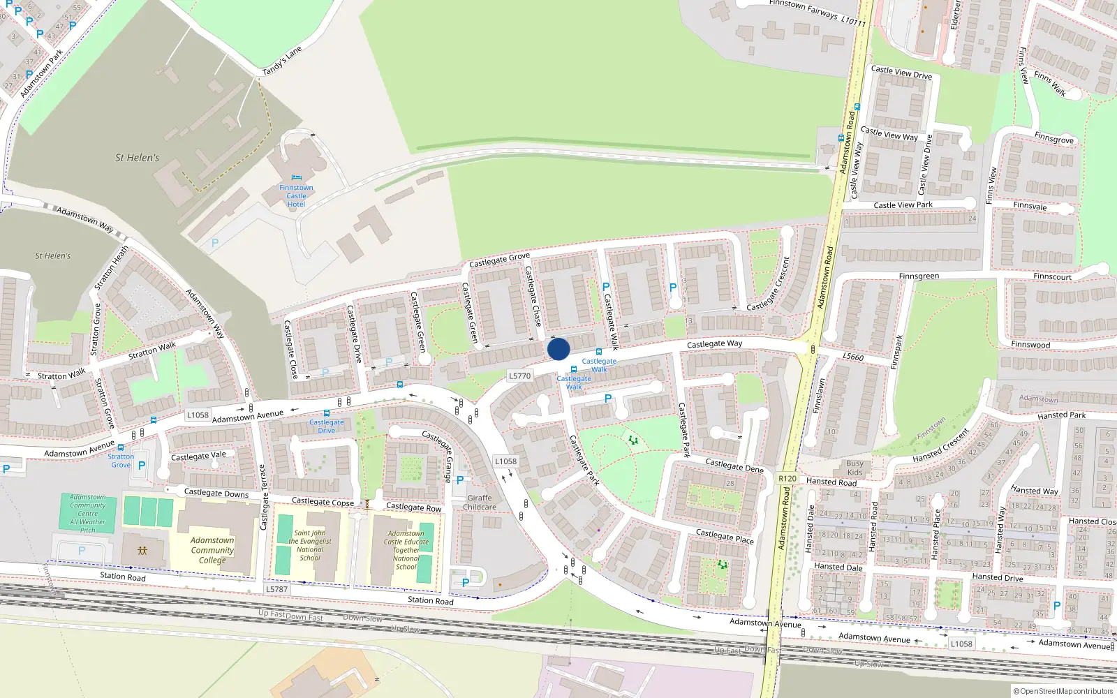 Overhead map showing the location of 102 Castlegate Way, Lucan