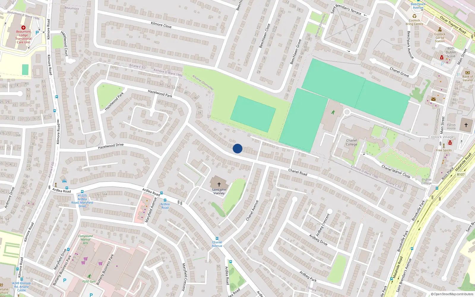 Overhead map showing the location of 102 Chanel Road, Artane, Dublin 5