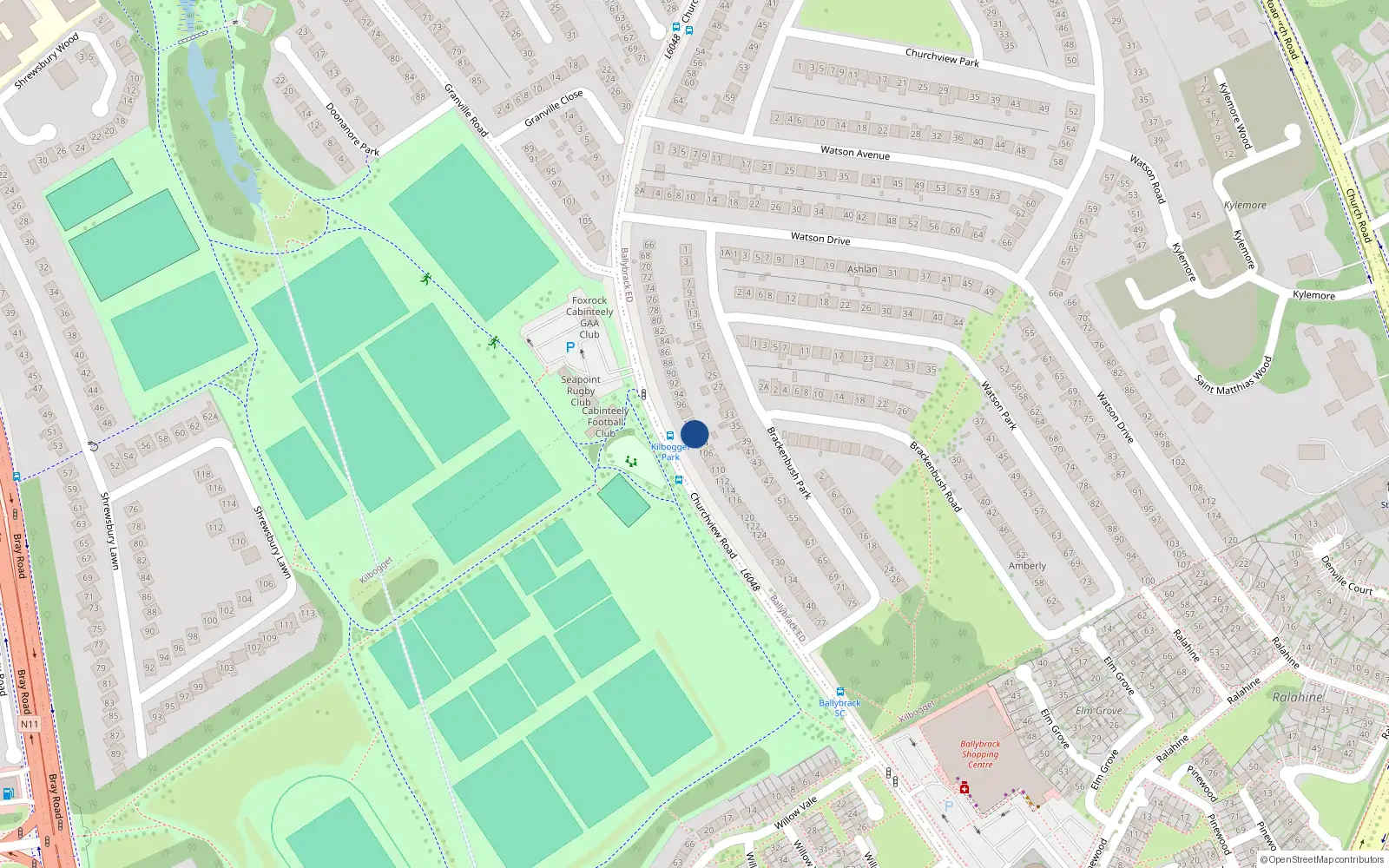 Overhead map showing the location of 102 Churchview Road, Killiney, Dublin