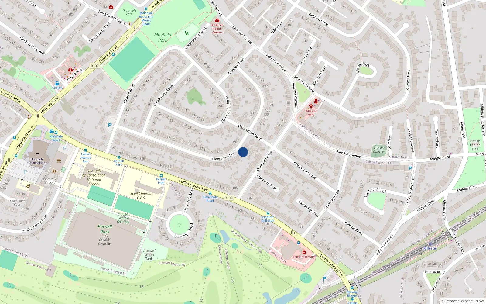 Overhead map showing the location of 102 Clanronald Road, Donnycarney, Dublin 5