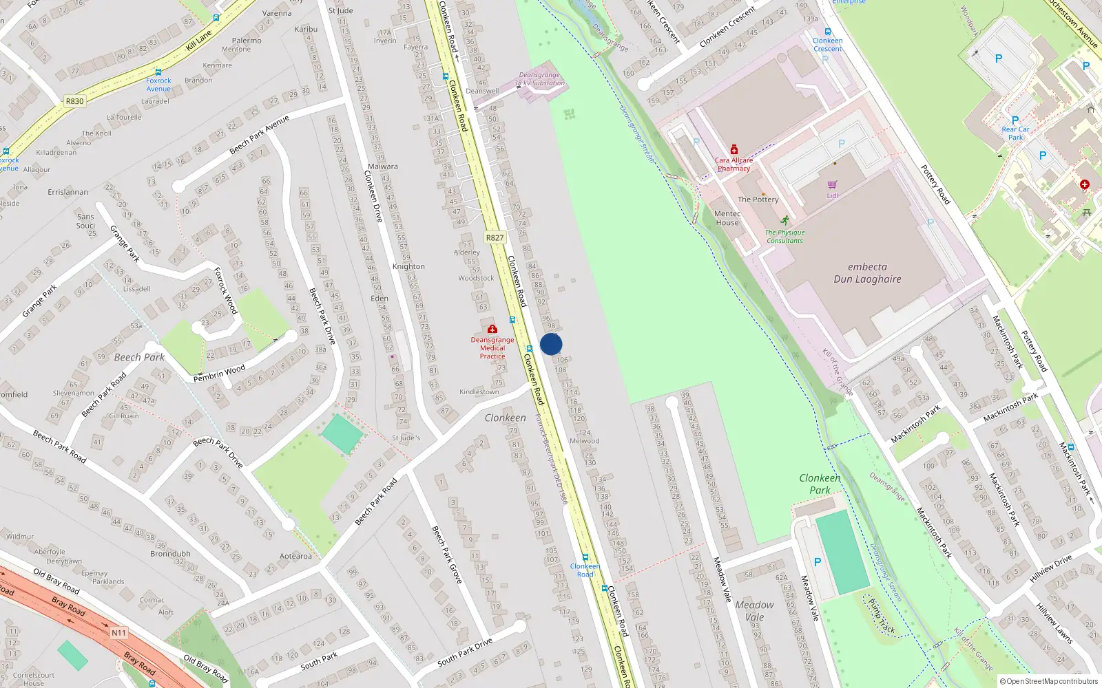Overhead map showing the location of 102 Clonkeen Road, Blackrock, Co Dublin