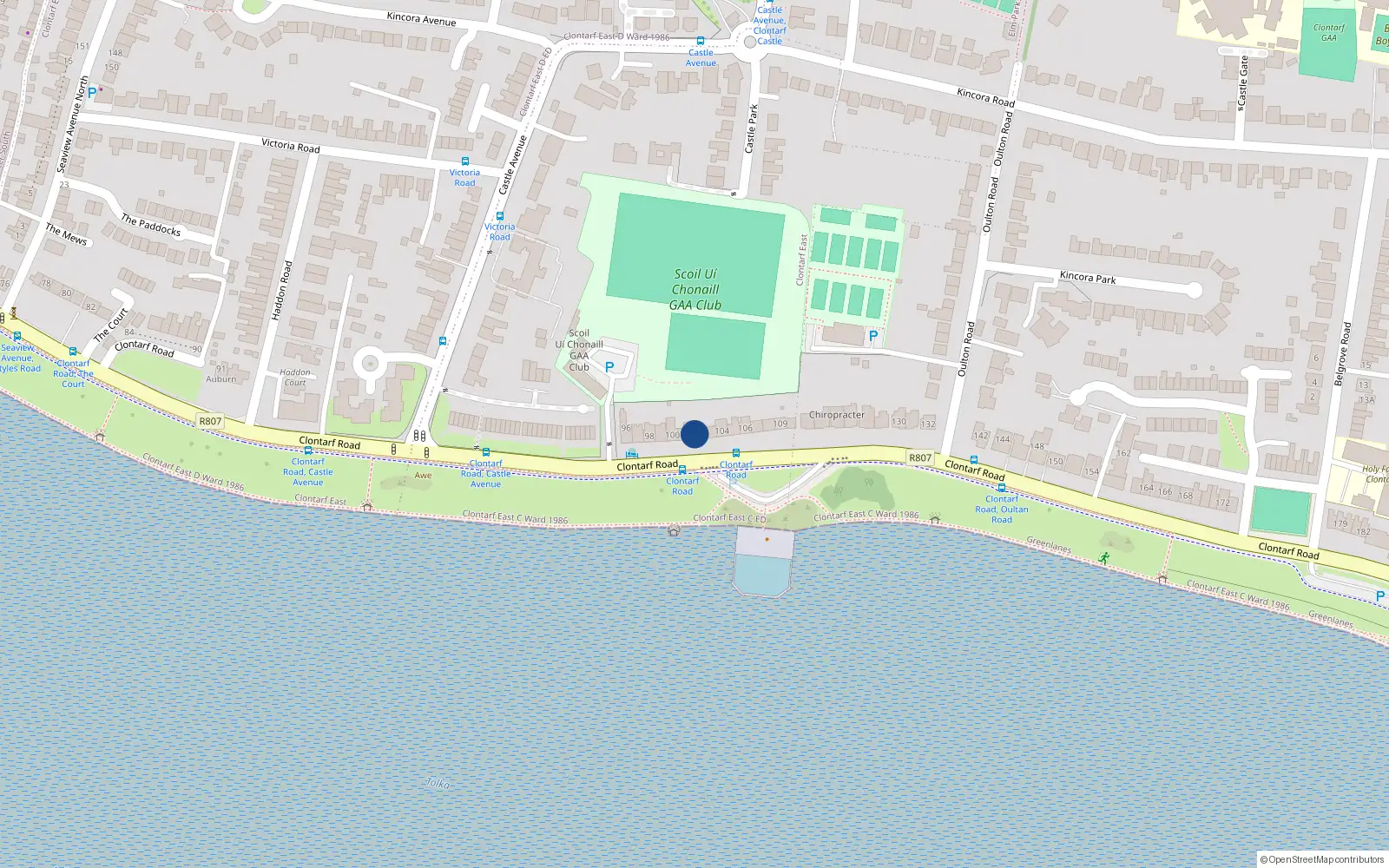 Overhead map showing the location of 102 Clontarf Road, Clontarf, Dublin 3