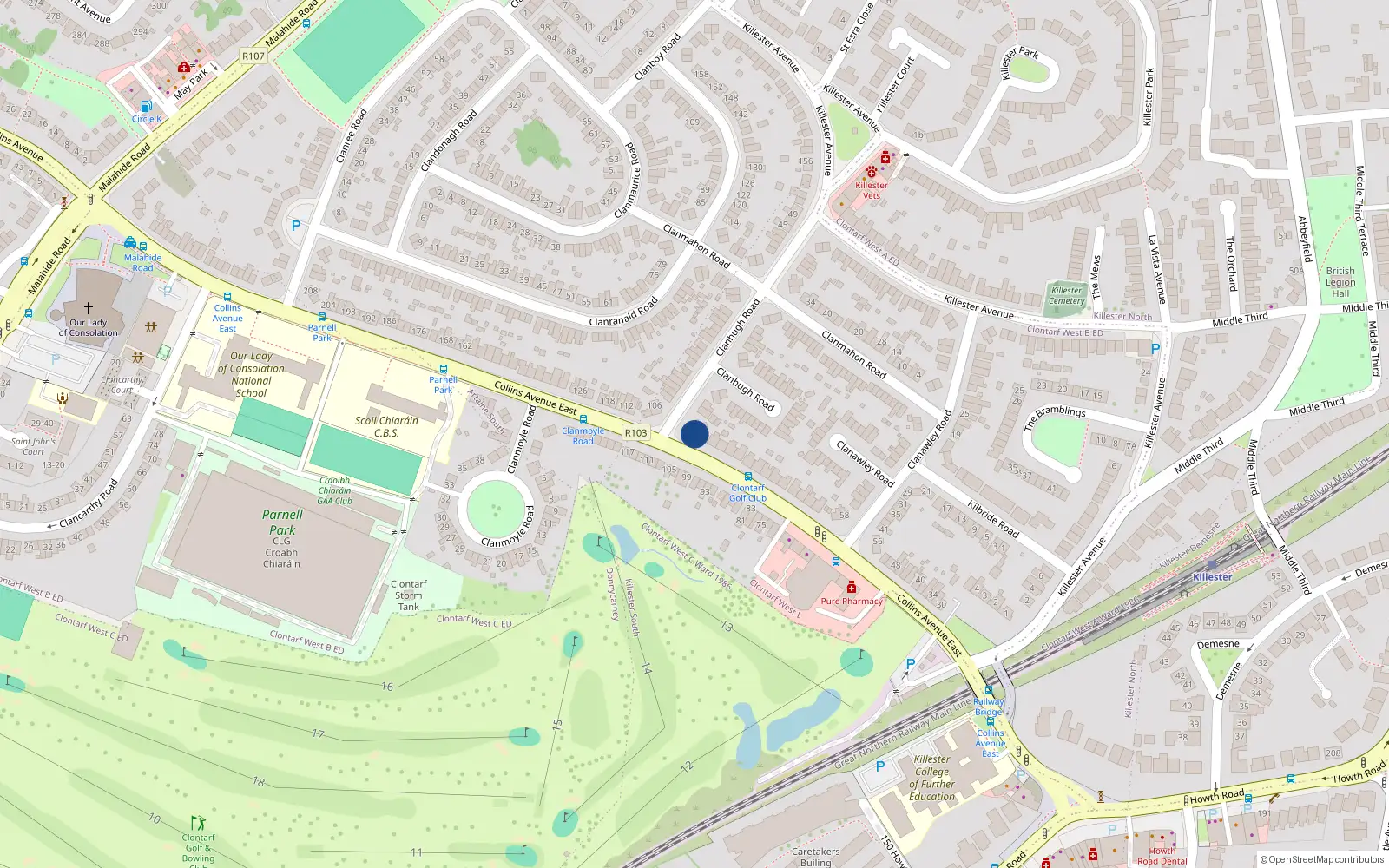 Overhead map showing the location of 102 Collins Avenue East, Dublin 5