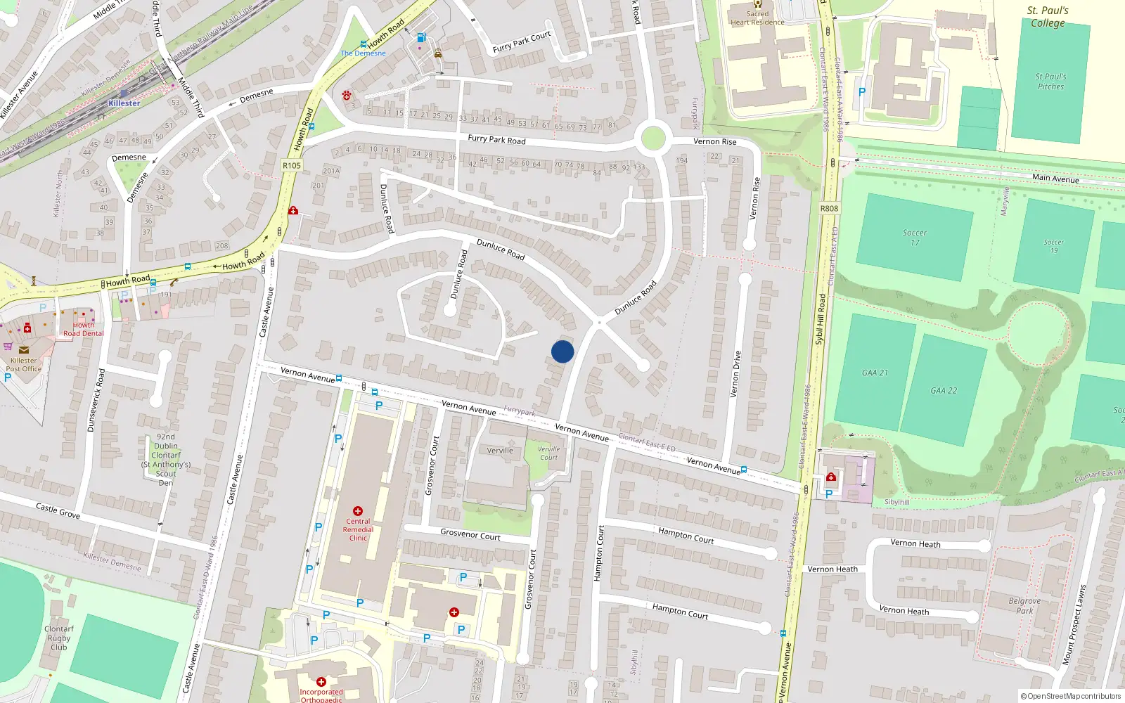 Overhead map showing the location of 102 Dunluce Road, Dublin 3