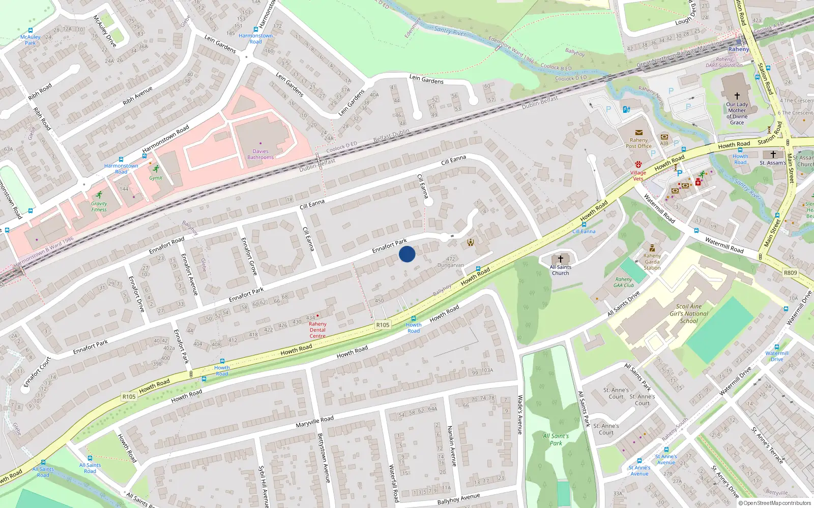 Overhead map showing the location of 102 Ennafort Park, Dublin 5
